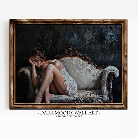 Woman In White Lace Antique Sofa Dark Moody Victorian Art Poster