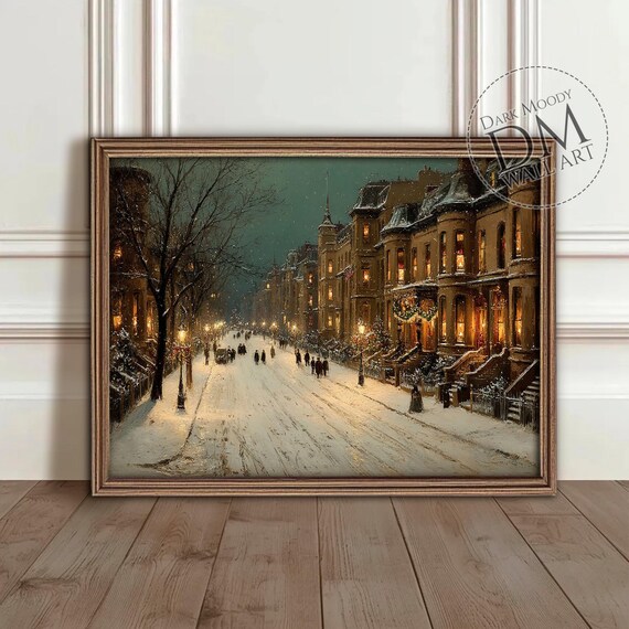 Snowy Victorian Row Houses Lamplit Street Vintage Christmas Poster