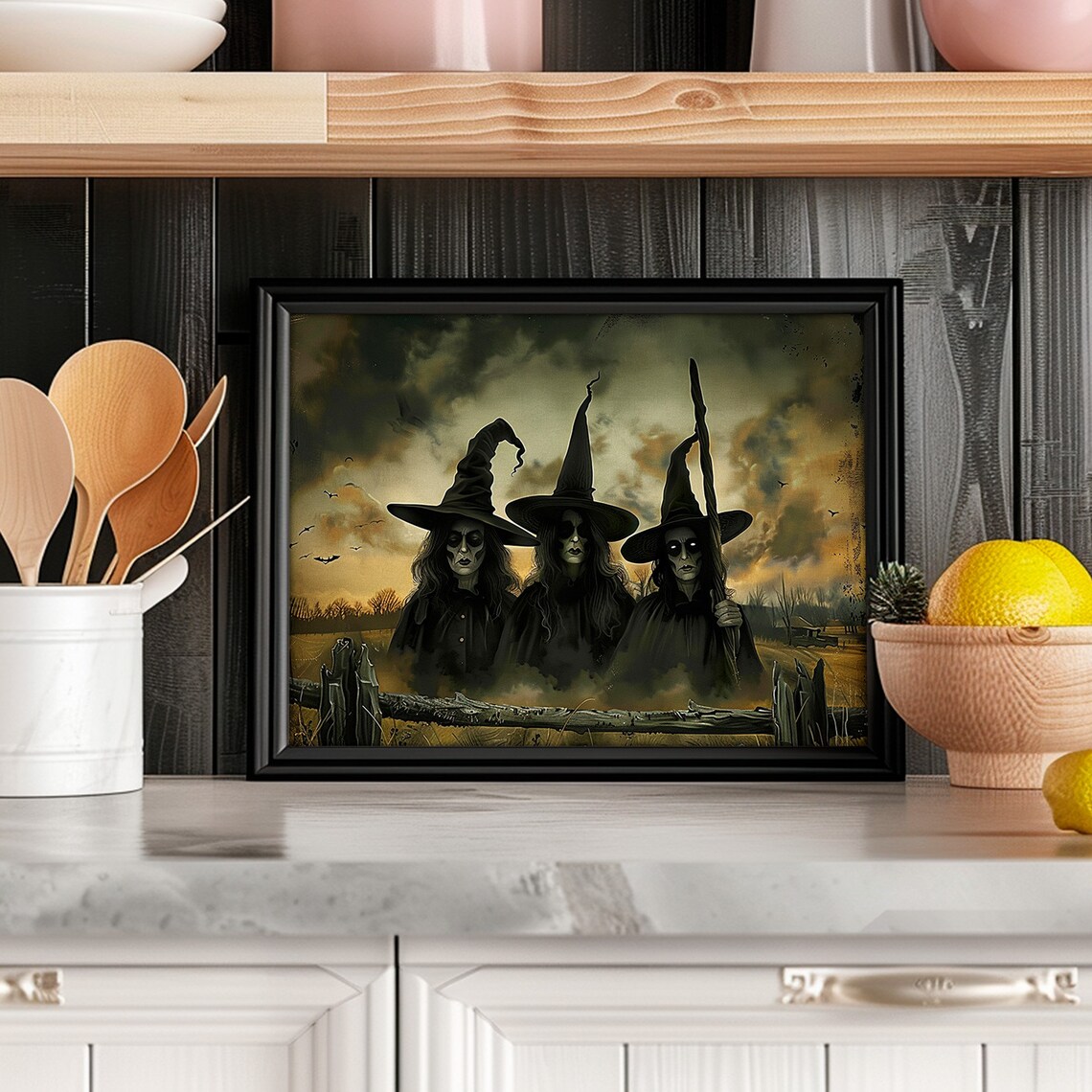 Three Witches Spooky Halloween Painting Dark Stormy Sky Portrait Poster - Image 2