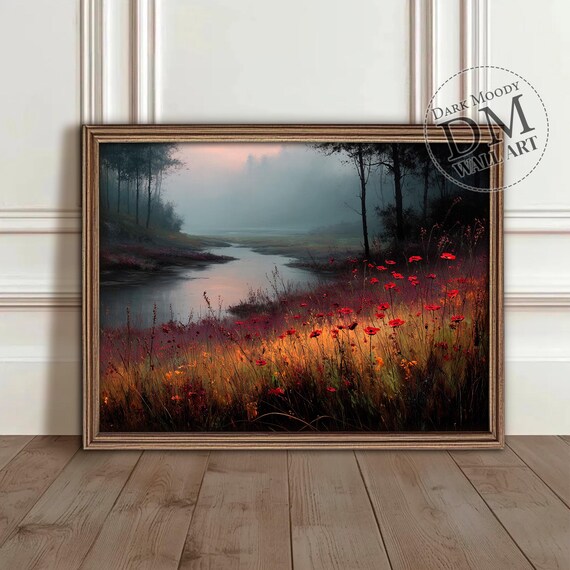 Misty River Red Poppies French Countryside Moody Landscape Poster