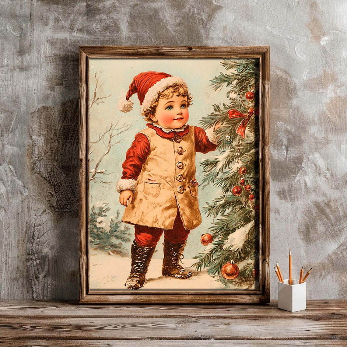 Retro Boy in Santa Hat Beside Decorated Christmas Tree Wall Art - Image 6