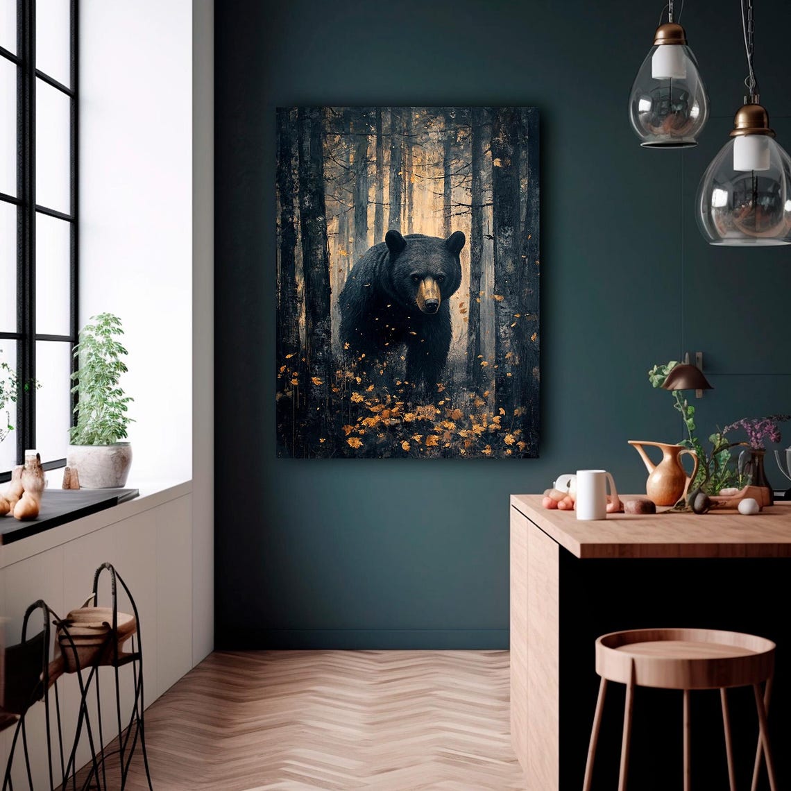 Black Bear Walking Moody Autumn Forest Wildlife Painting Wall Art - Image 4