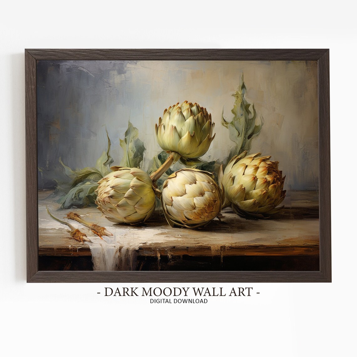 Moody Artichoke Painting, Vintage Fruit Still Life