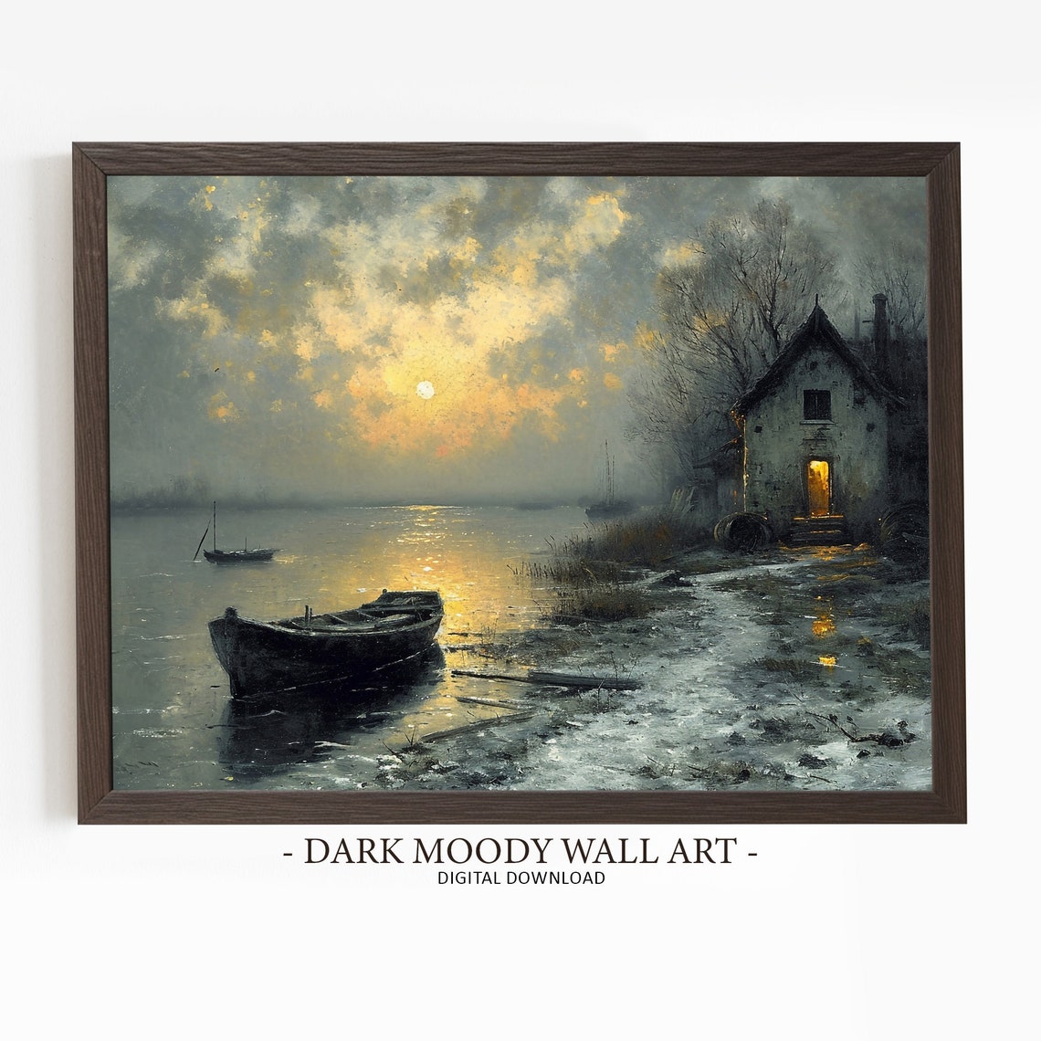 Moody Lakeside Cabin Rowboat Sunset Reflection Dark Rustic Poster