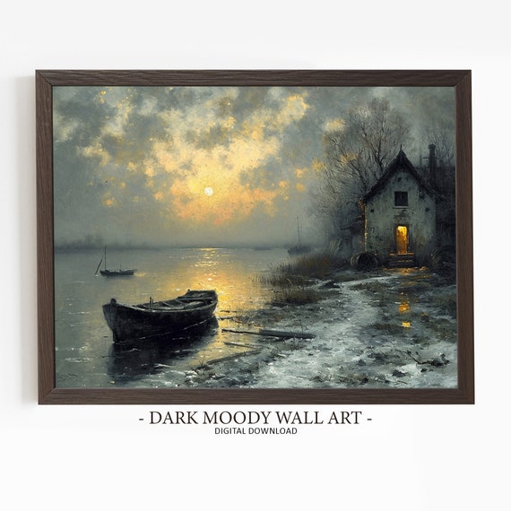 Lake Fisherman Decor Moody Lake House Decor Boat Painting Sunset Print Rustic Decor