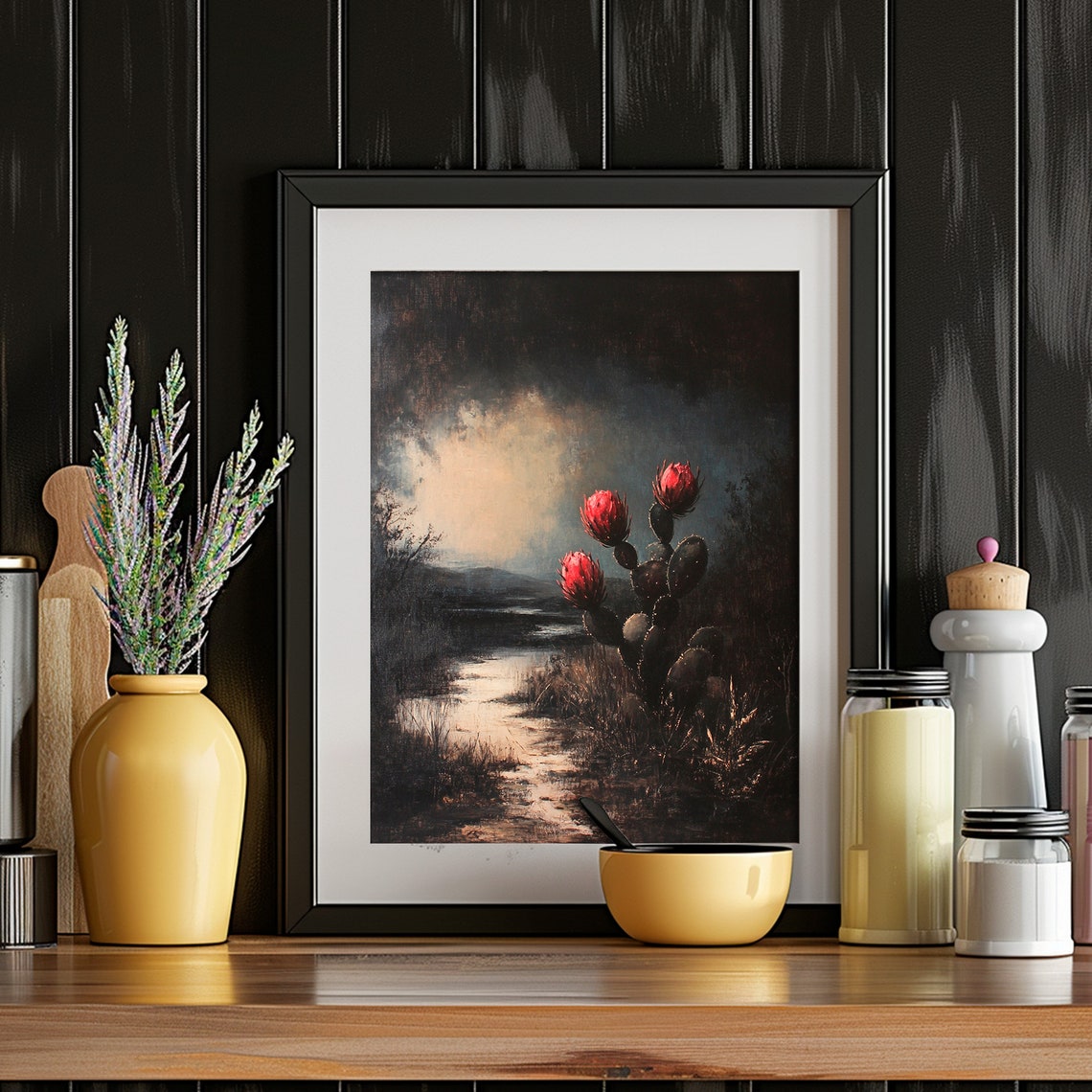 Flowering Prickly Pear Cactus Dusk Stream Landscape View Poster - Image 5