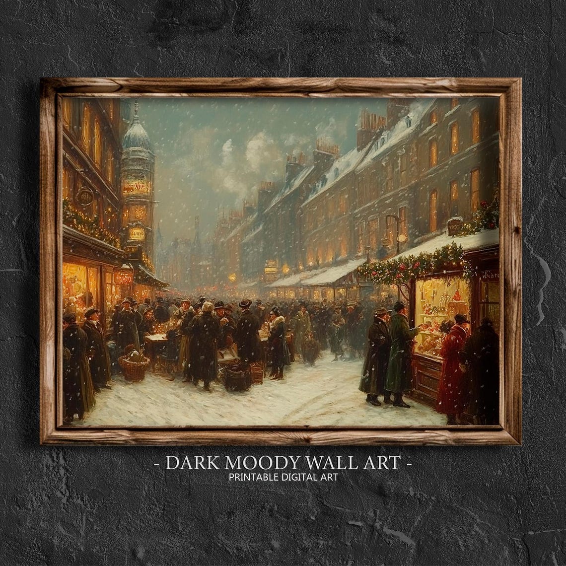 Bustling Victorian Christmas Market Snowy City Street Poster