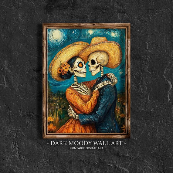 Day of the Dead Skeleton Couple Starry Night Embrace Sugar Skull Portrait Poster