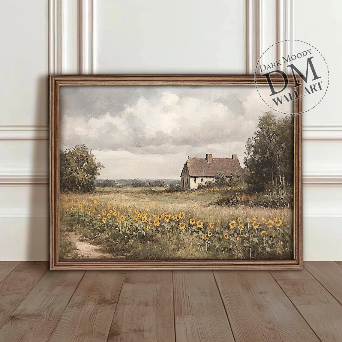 Farmhouse in Sunflower Field Vintage Countryside Painting Poster