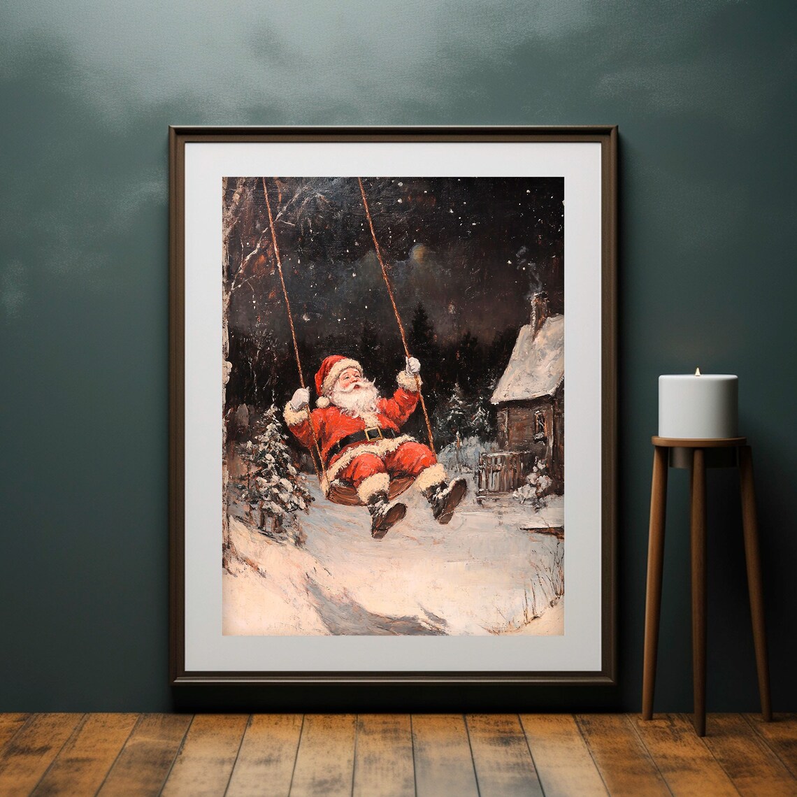 Santa Claus Swinging Winter Night Vintage Christmas Art Print - Image 2