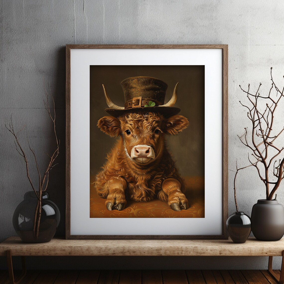 Baby Highland Cow Wearing Tall Top Hat With Shamrock Cute Irish Painting Poster - Image 6