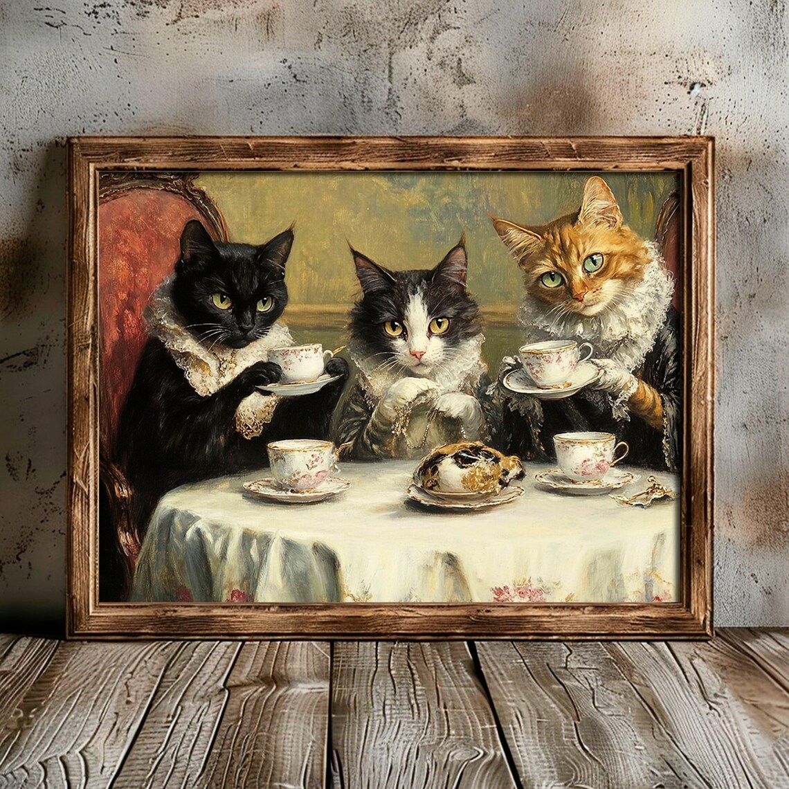 Tea Party Cat Painting, Vintage Cottagecore Decor - Image 2