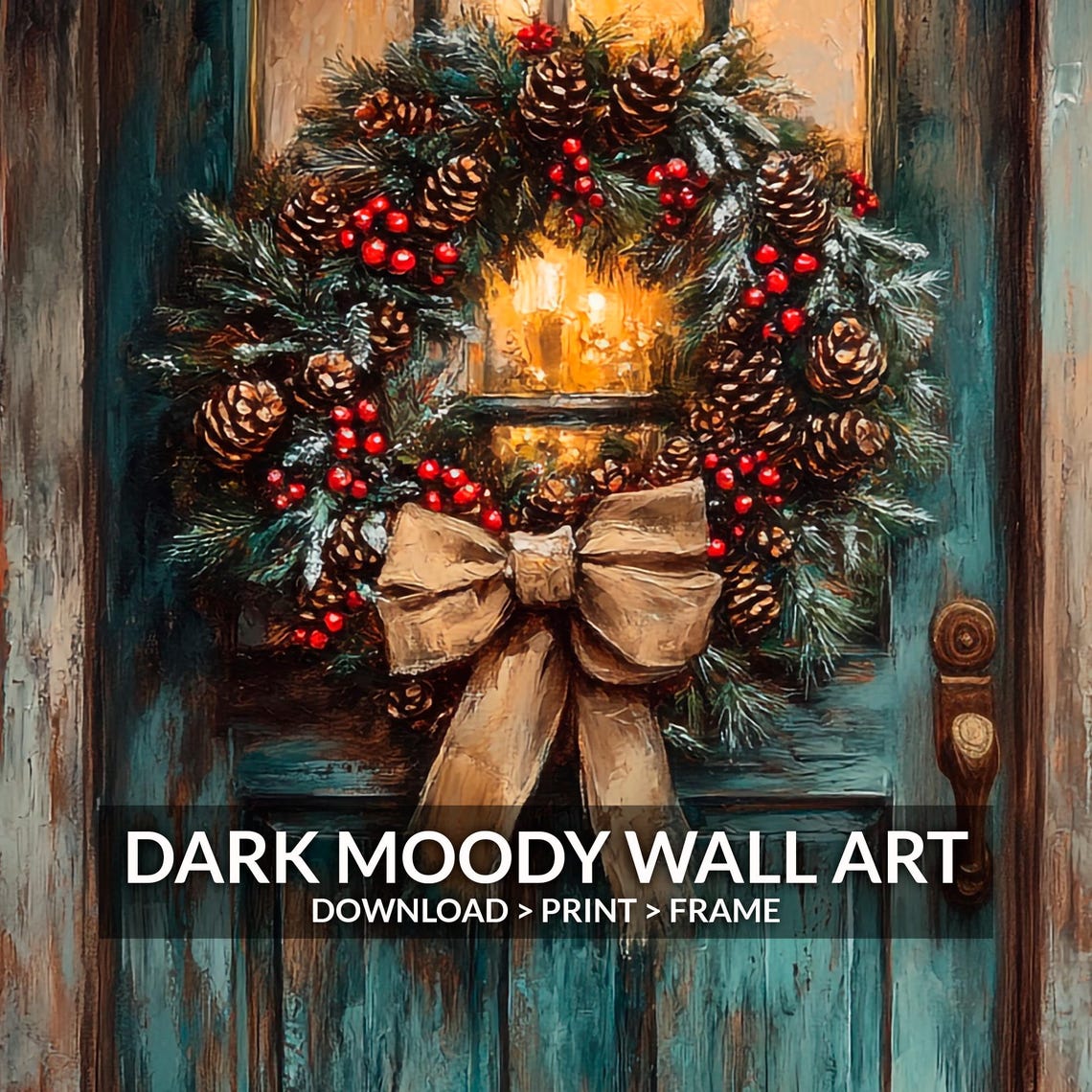 Holiday Wreath on Teal Vintage Door With Burlap Bow Wall Art - Image 6