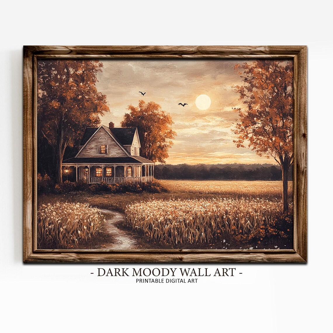 Moody Farmhouse Sunset Crows Wheat Field Autumn Evening Landscape Poster - Image 4