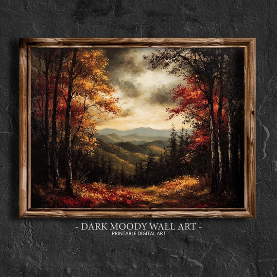 Dark Fall Forest Mountain Valley Stormy Sky Moody Landscape Painting Poster