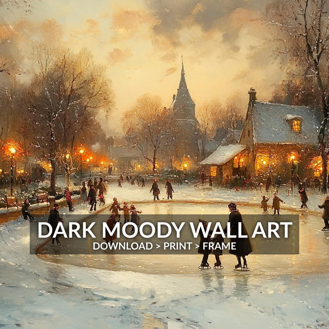Dusk Skating Pond Town Families Church Spire Vintage Painting Poster - Image 6