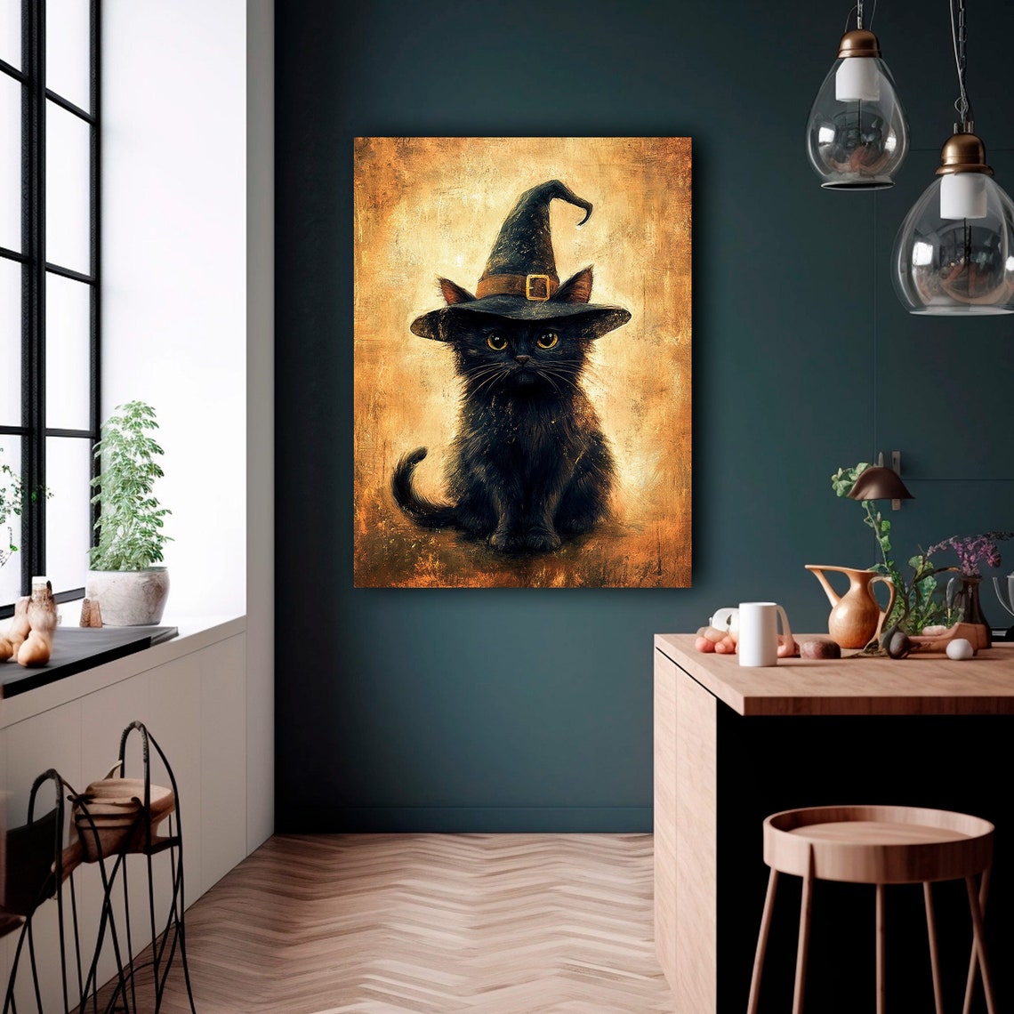 Black Cat Wearing Witch Hat Golden Vintage Painting Art Print - Image 3