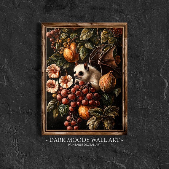 Albino Fruit Bat Gothic Botanical Dark Academia Oil Painting Poster
