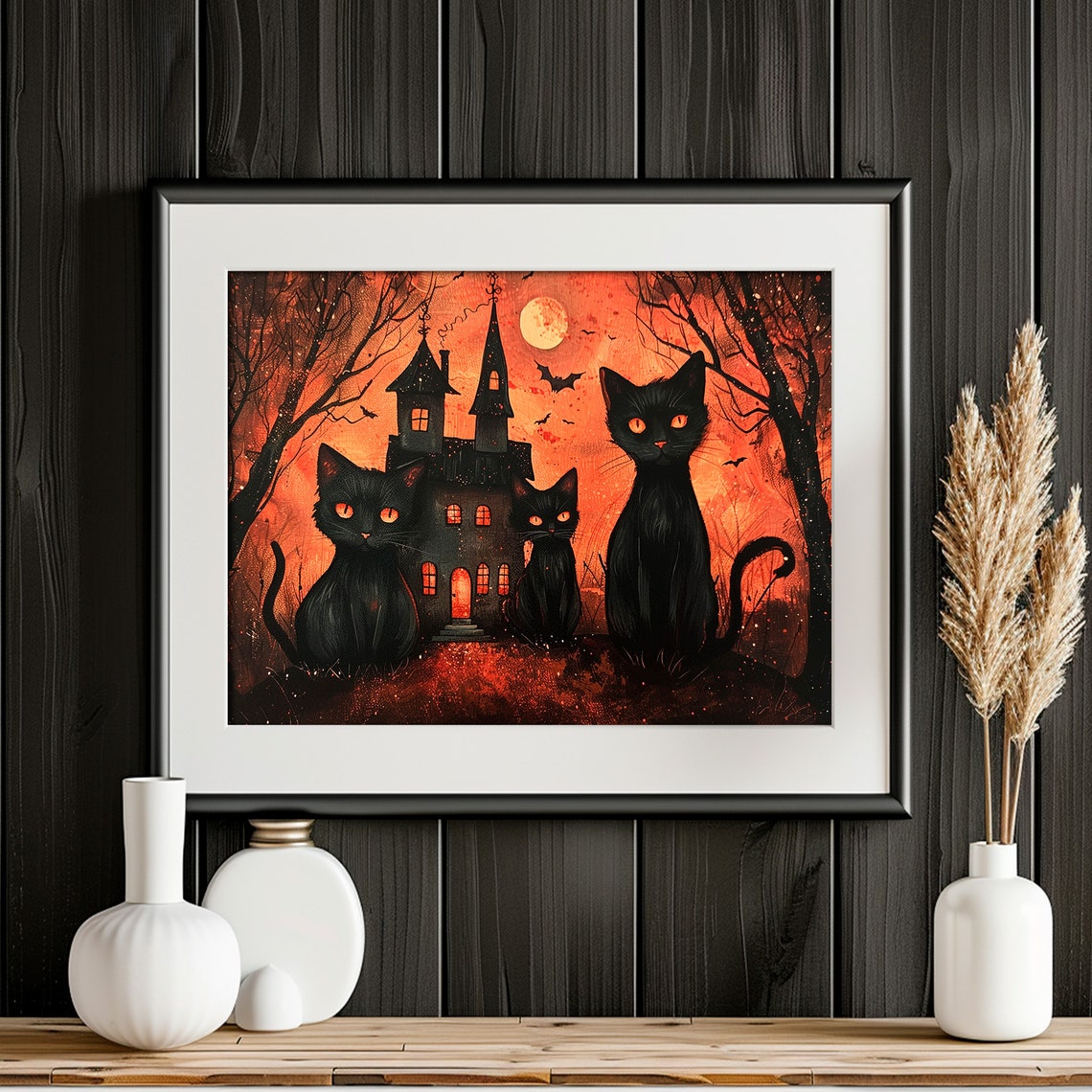 Three Black Cats Haunted House Spooky Halloween Night Scene Poster - Image 2