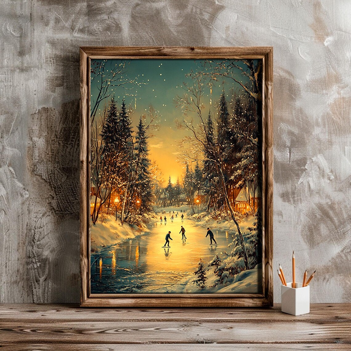 Sunset Frozen River Skaters Snowy Pines Winter Painting Poster - Image 2