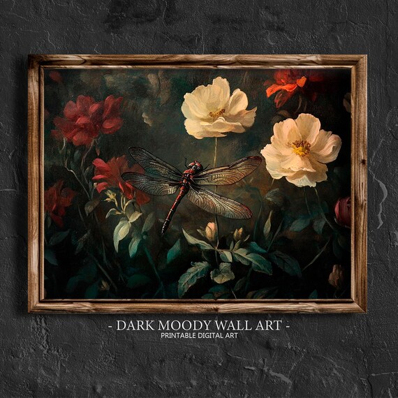 Dragonfly Painting Dark Moody Wall Art Dark Academia Decor Floral Dark Cottagecore Painting