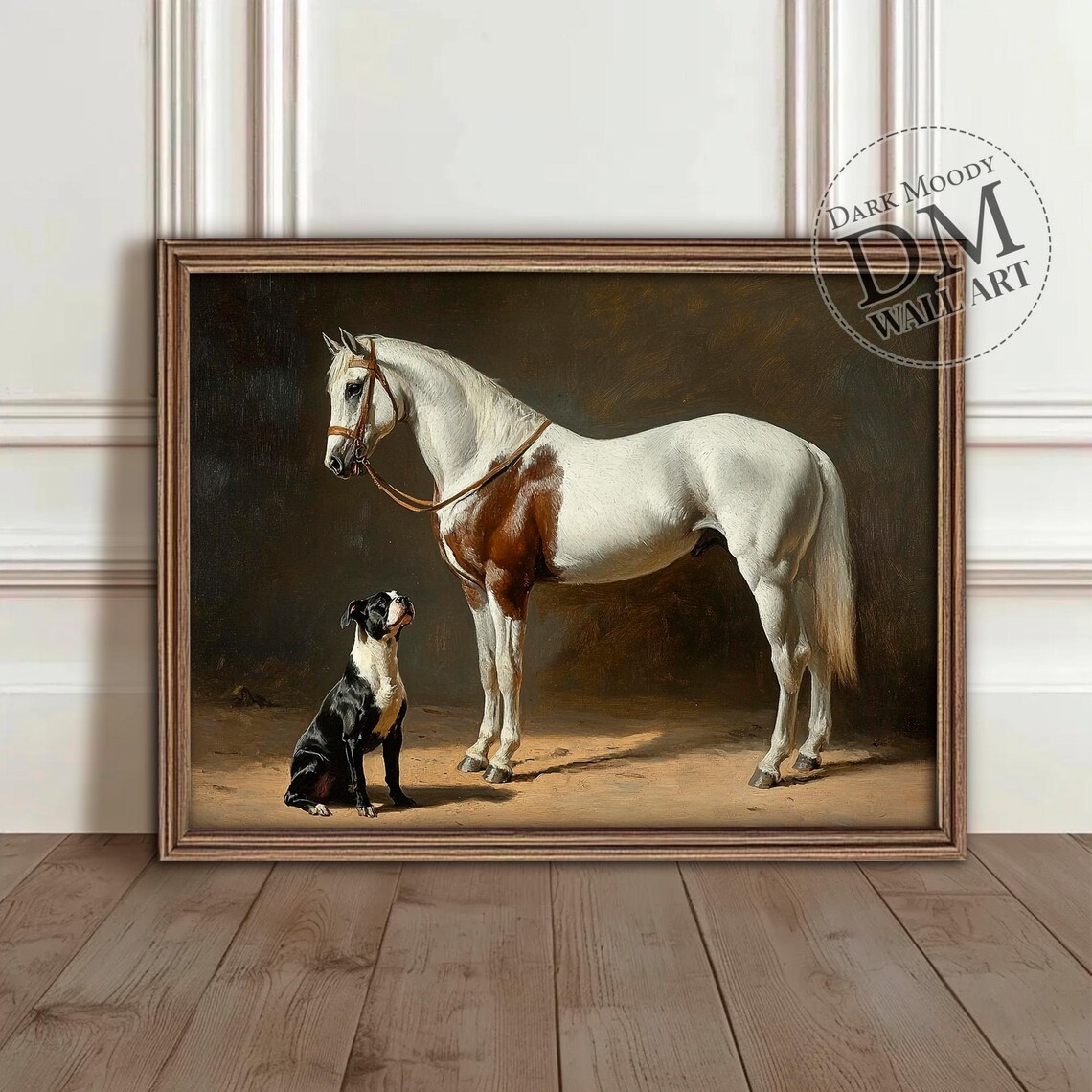 White Horse and Dog Equestrian Painting Classic Animals Art Poster