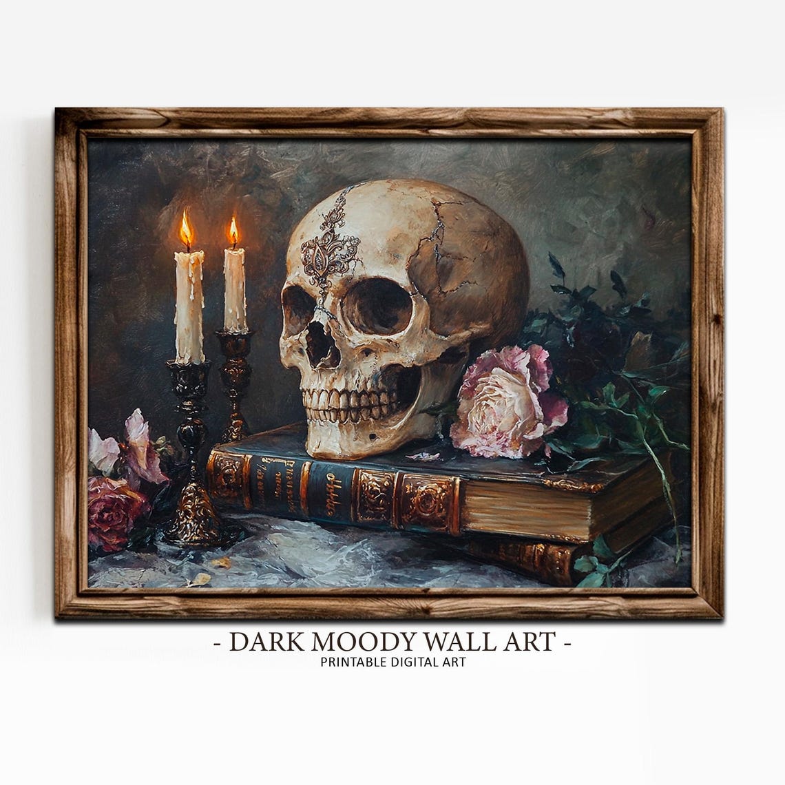 Gothic Skull With Burning Candles and Roses Dark Moody Wall Art - Image 4