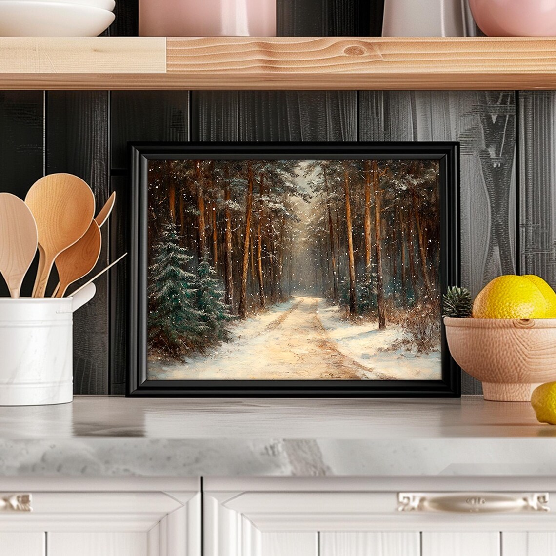 Vintage Winter Pine Forest Art Print, Rustic Christmas Decor - Image 3