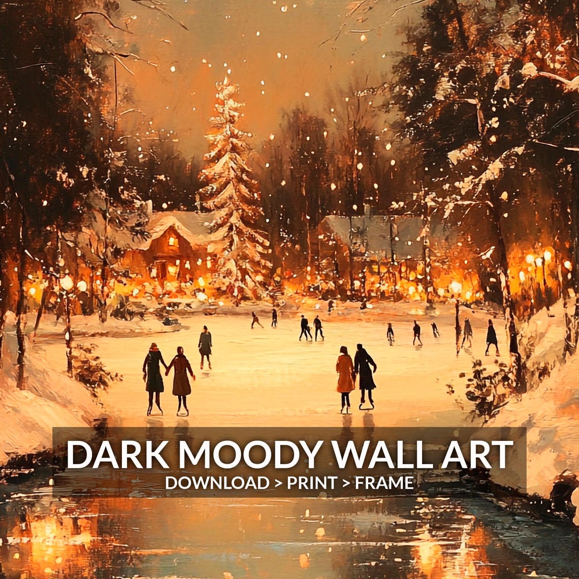Night Frozen River Skaters Glowing Village Winter Painting Poster - Image 6