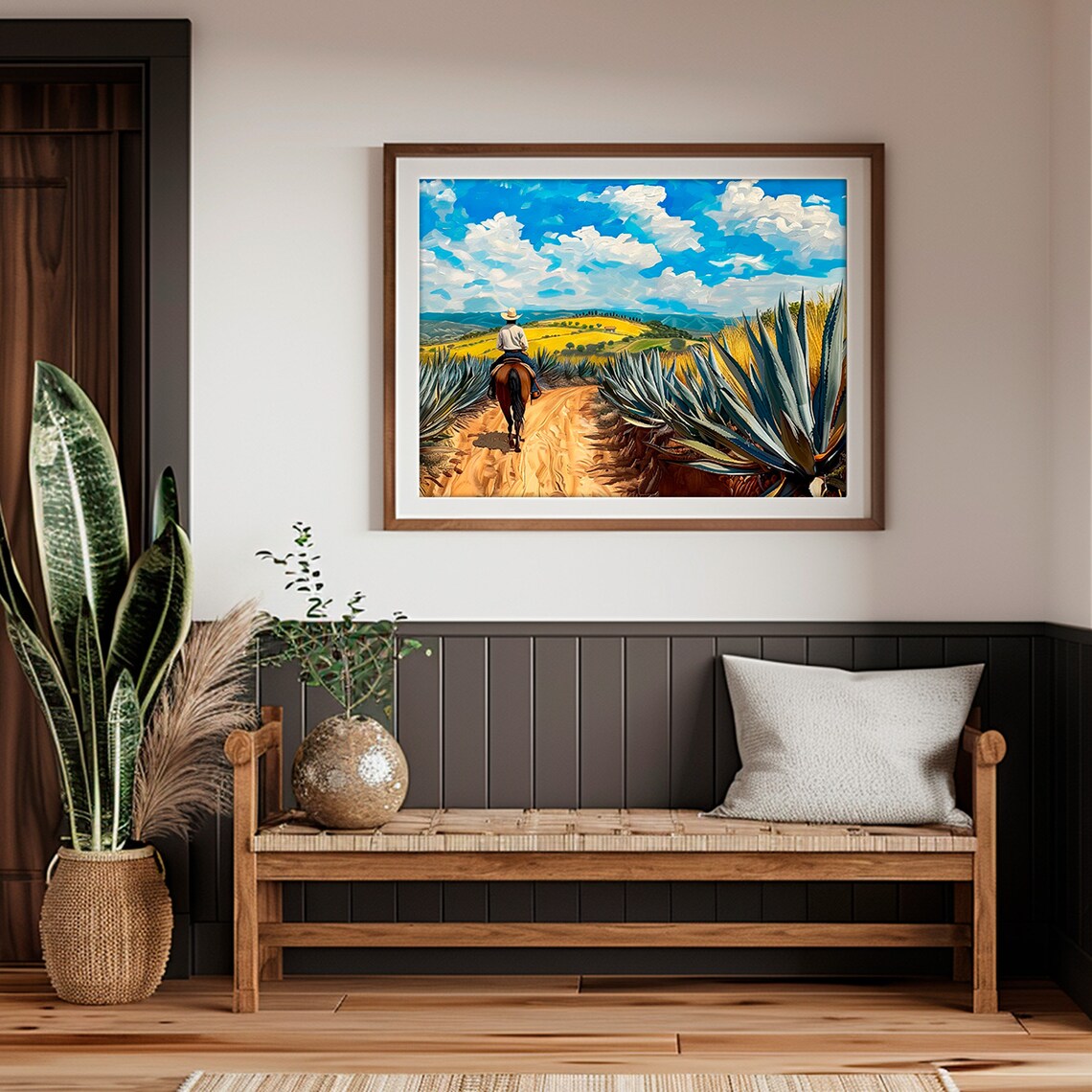 Cowboy Horse Agave Fields Colorful Mexican Landscape Painting Poster - Image 4