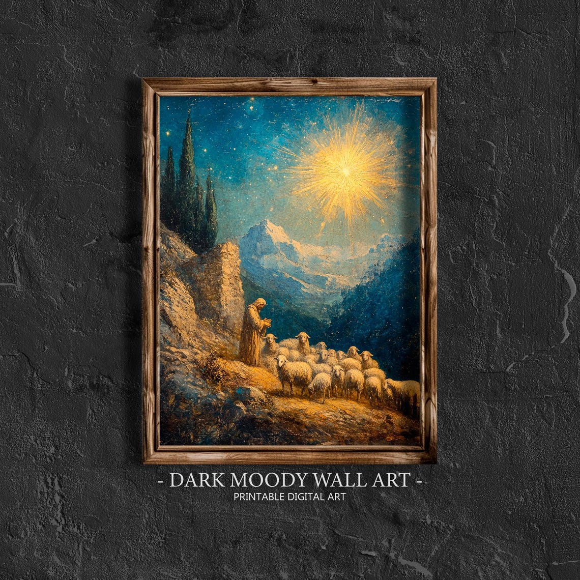 Shepherd With Sheep Under Blazing Star Rocky Hillside Night Wall Art - Image 4