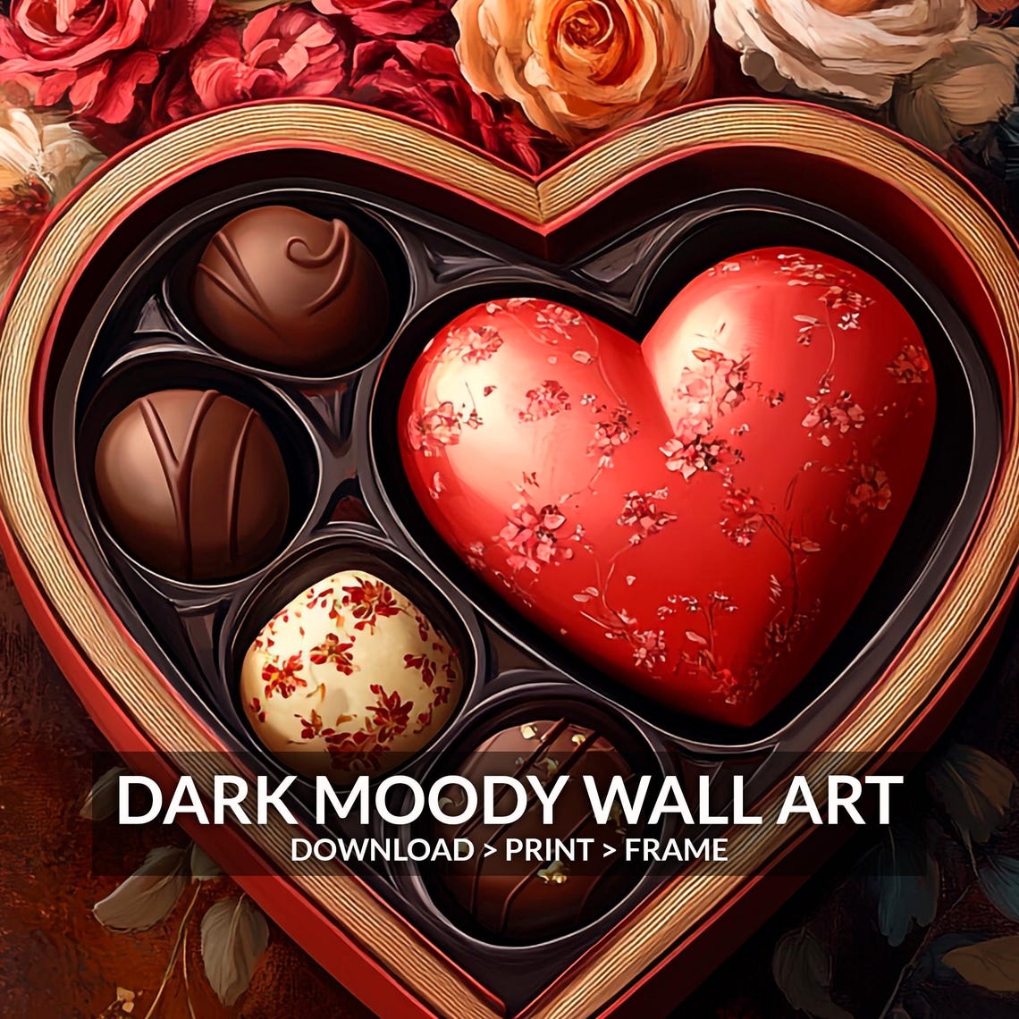 Heart Shaped Chocolate Box With Roses Vintage Valentines Day Wall Art - Image 6