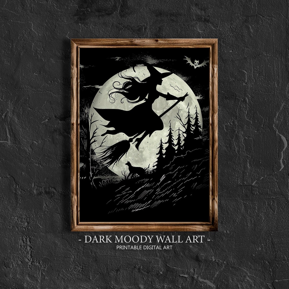 Witch Silhouette Flying Broom Full Moon Black Gothic Art Print