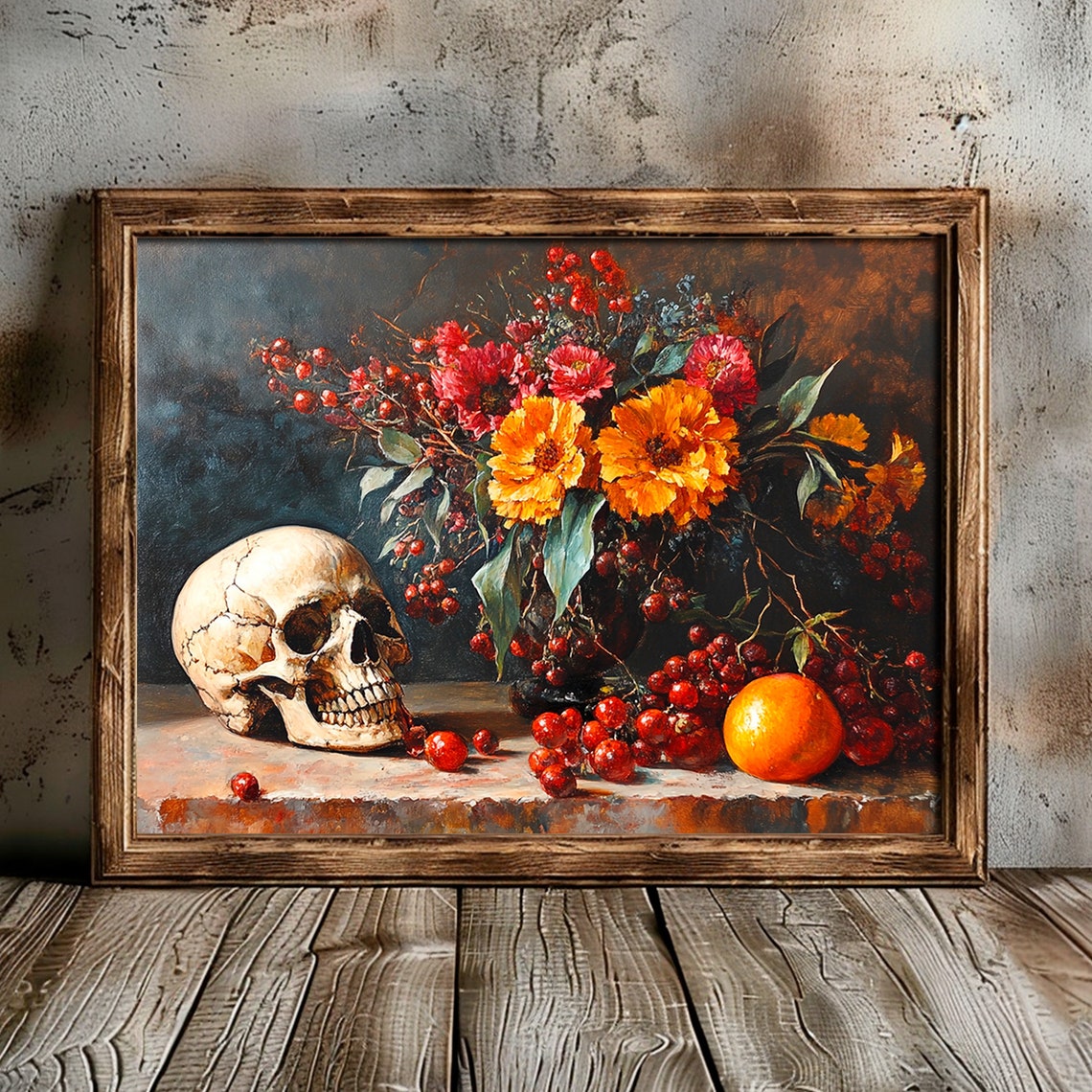 Skull and Autumn Flowers Still Life Moody Floral Botanical Art Poster - Image 5
