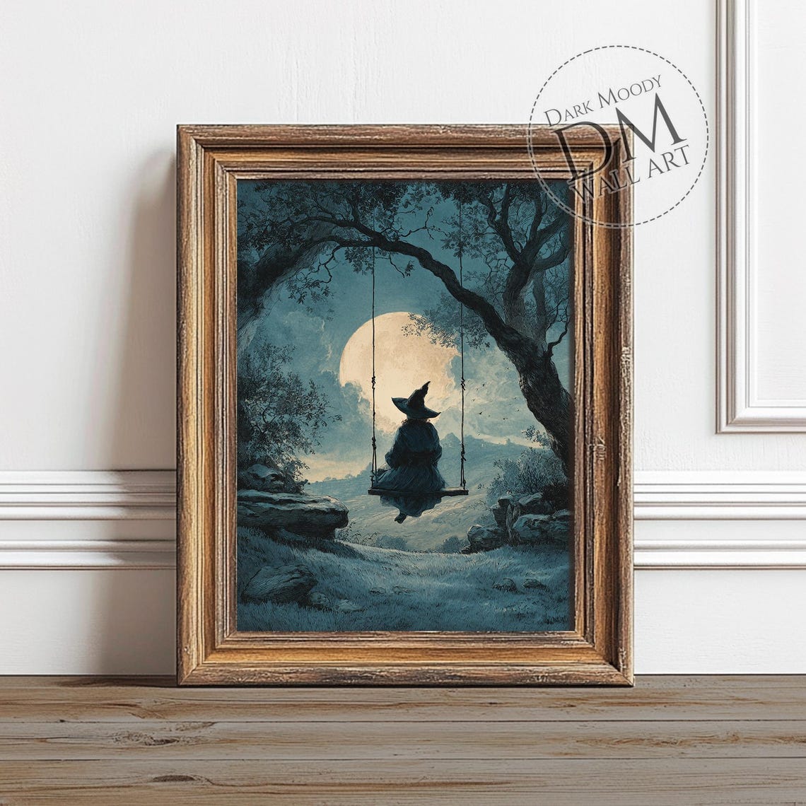 Witch On Swing Wall Art Gothic Moonlit Night Scene