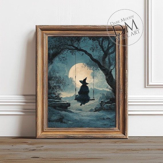 Witch On Swing Wall Art Gothic Moonlit Night Scene
