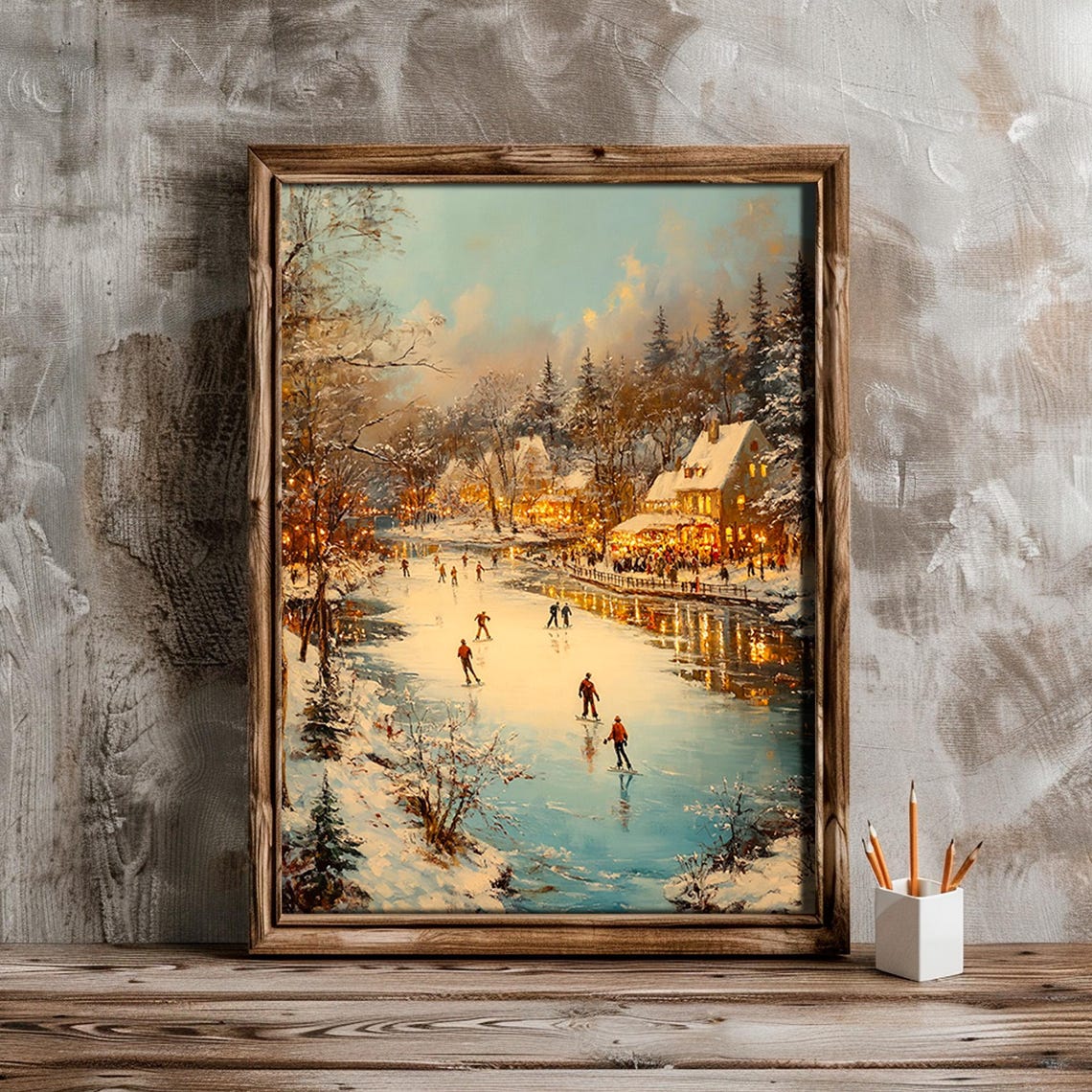 Frozen River Skaters Glowing Winter Cabins Twilight Painting Poster - Image 5