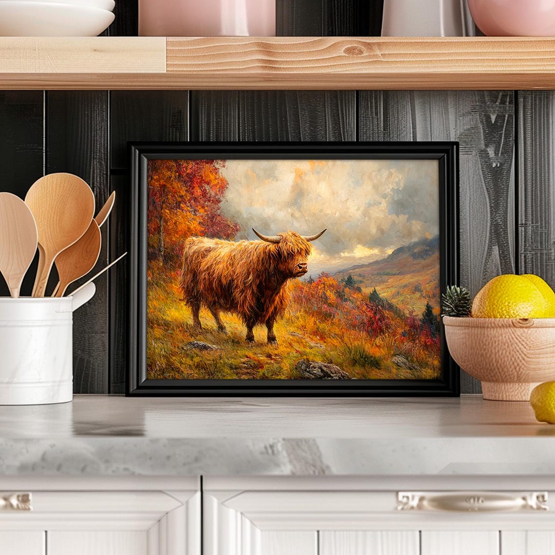 Highland Cow Standing Autumn Highlands Landscape Painting Wall Art - Image 2