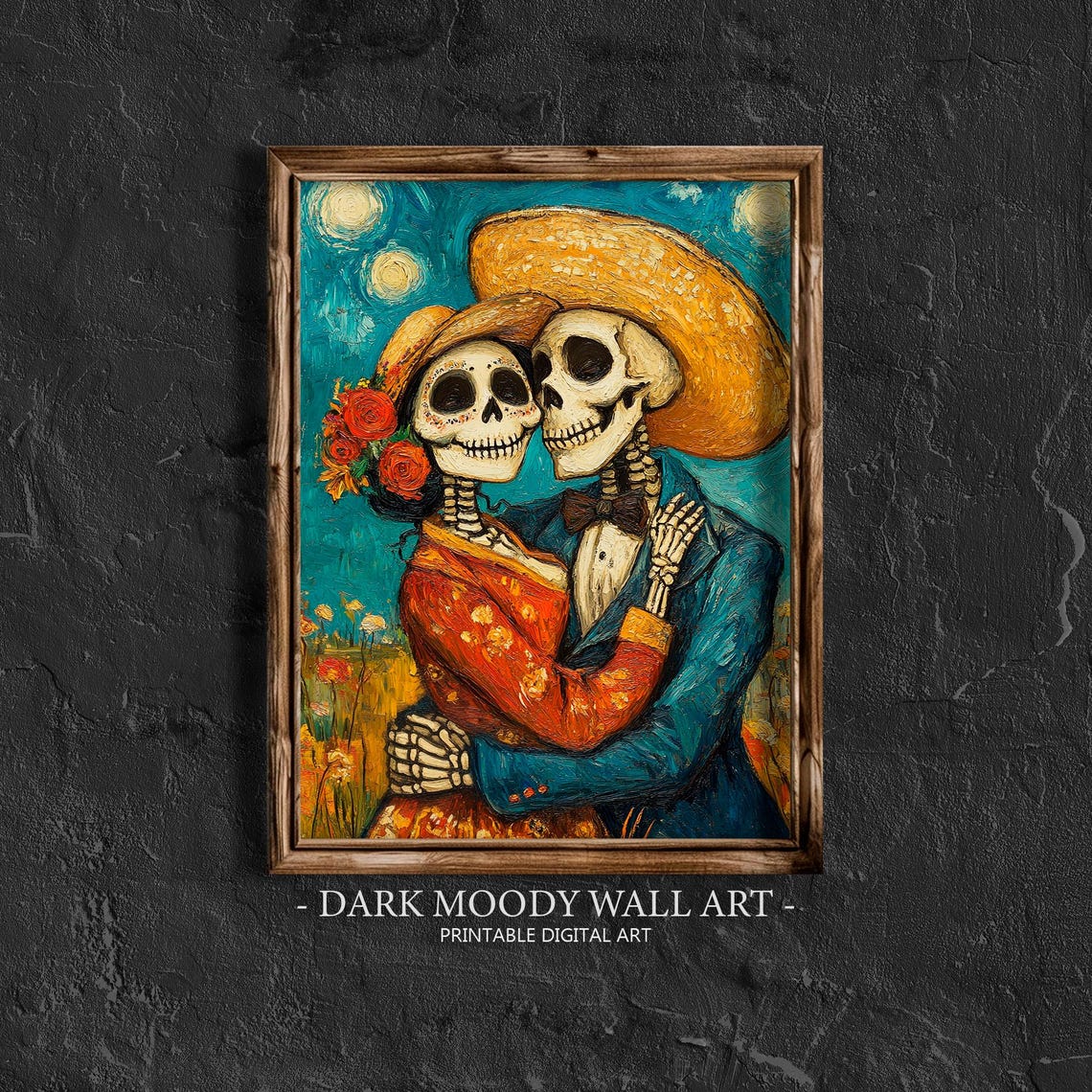 Dia de los Muertos Skeleton Couple Starry Night Embrace Poster