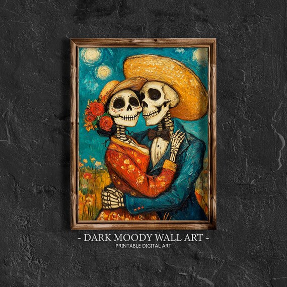 Dia de los Muertos Skeleton Couple Starry Night Embrace Poster