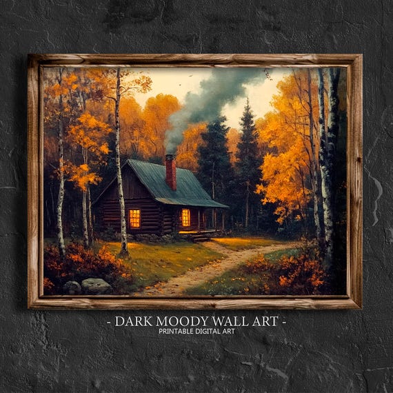 Fall Prints Farmhouse Cottage Art Moody Autumn Forest Landscape Painting Dark Cottagecore Print Rustic Farmhouse Wall Decor