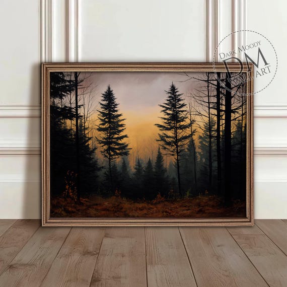 Foggy Forest Wall Art Dark Moody Landscape Print With Pine Trees