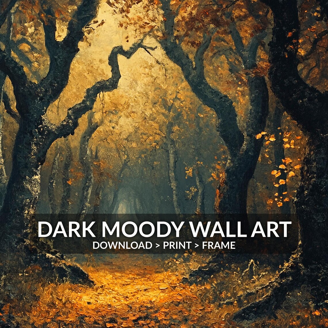 Dark Moody Forest Path With Twisted Trees Golden Light Vintage Art Poster - Image 6