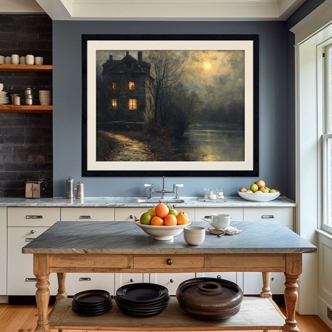 Moonlit Stone House With Glowing Windows by Lake Full Moon Night Painting Poster - Image 4