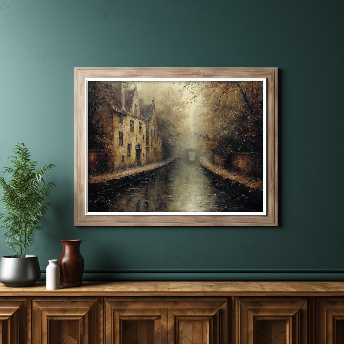 Dark And Moody French Cityscape Painting Fall Dark Cottagecore Art Rustic Wall Decor - Image 6