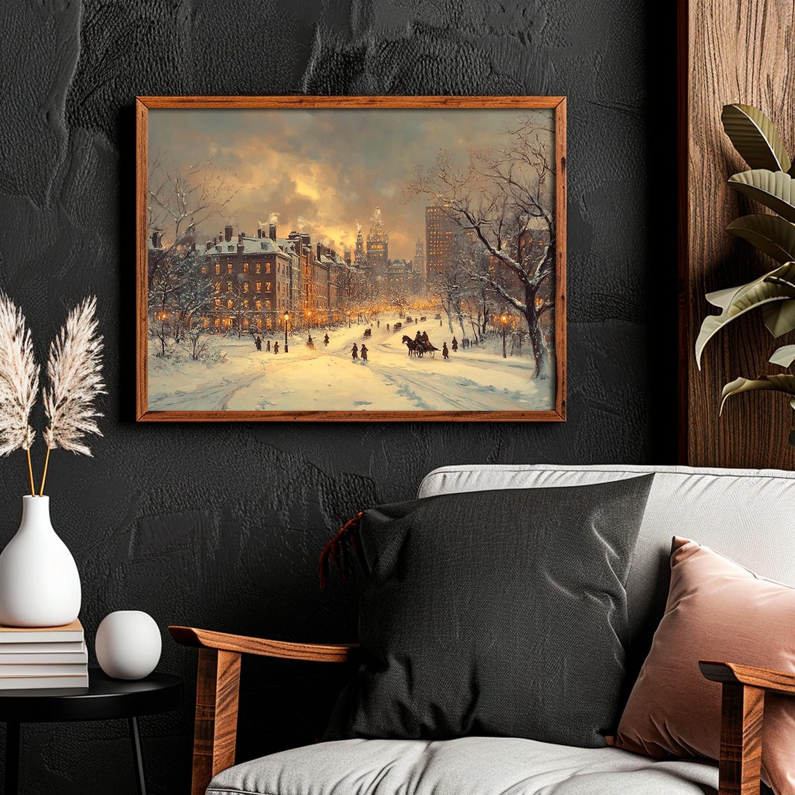 Victorian Snowy Avenue Townhouses Dusk Carriage Ride View Poster - Image 2