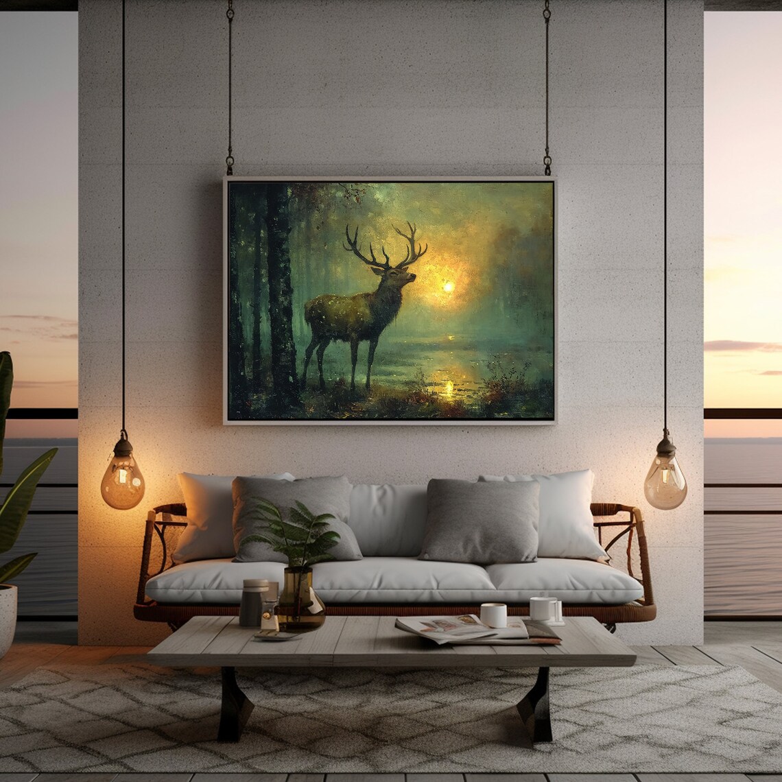 Stag With Antlers Foggy Forest Sunrise Dark Moody Painting Poster - Image 5