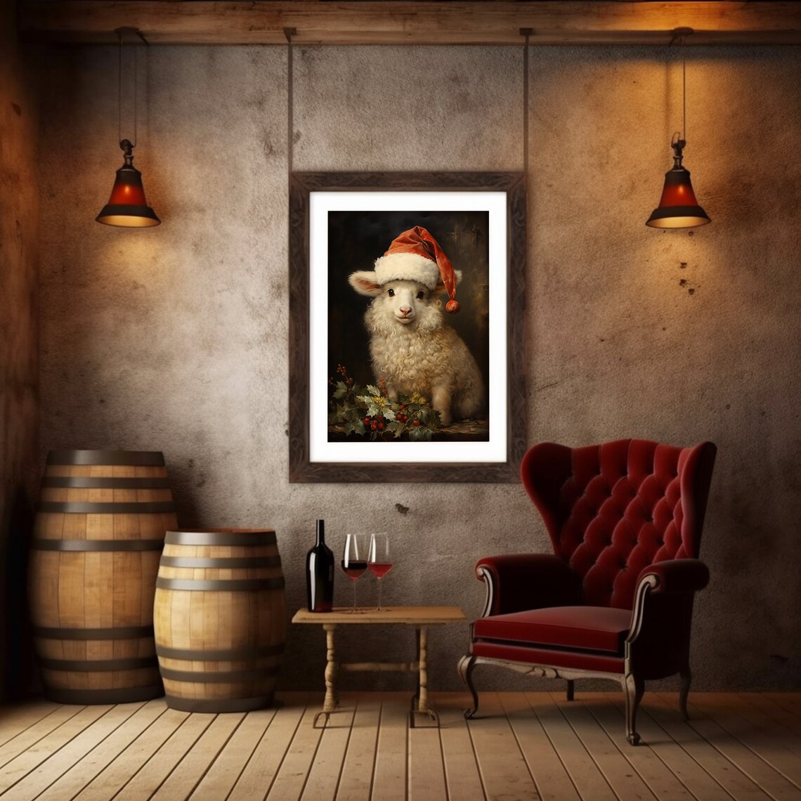 Antique Christmas Sheep Painting Print, Victorian Vintage - Image 4
