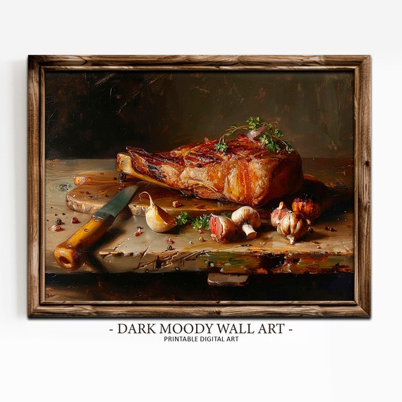Bbq Meat Art Grilled Steak Print Moody Food Still Life Kitchen Wall Decor Rustic Farmhouse Wall Art
