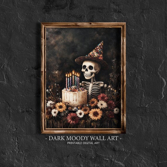 Halloween Skeleton Birthday Print Vintage Halloween Wall Art Dark Cottagecore Print Gothic Dark Academia Decor Moody Floral
